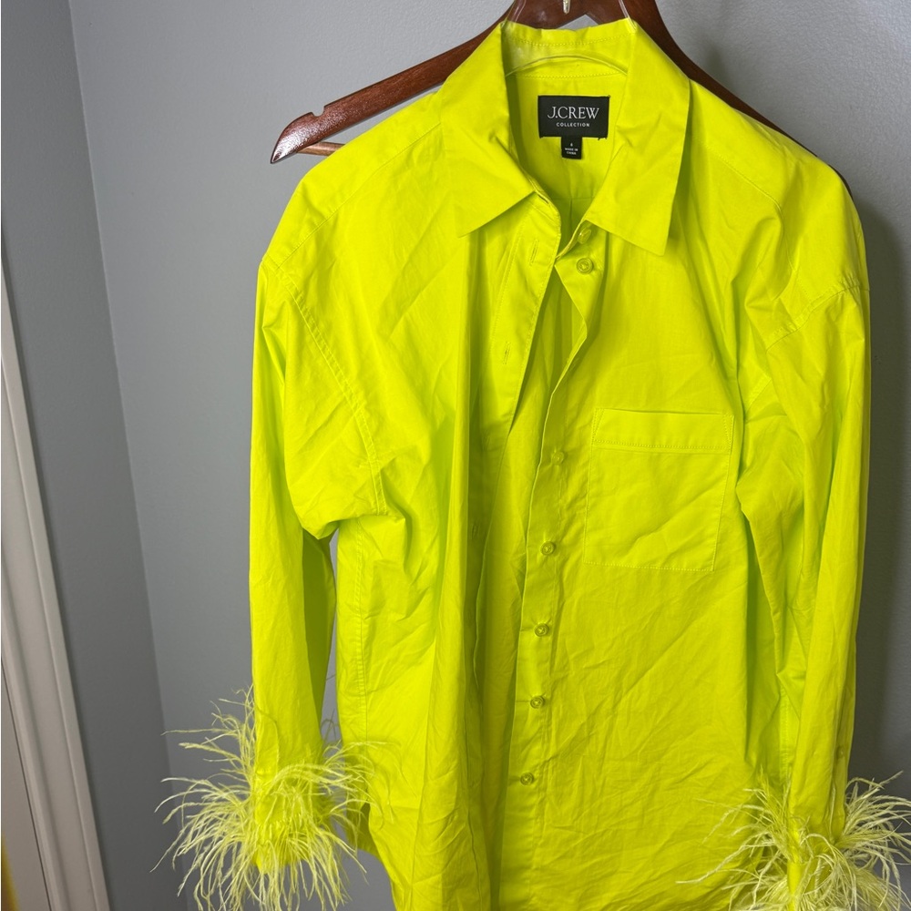 💚 J.Crew Collection Feather Cuff Neon Poplin Shirt — Size 6